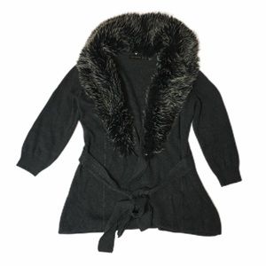 The Limited Faux Fur Collar Wrap Tie Open Cardigan